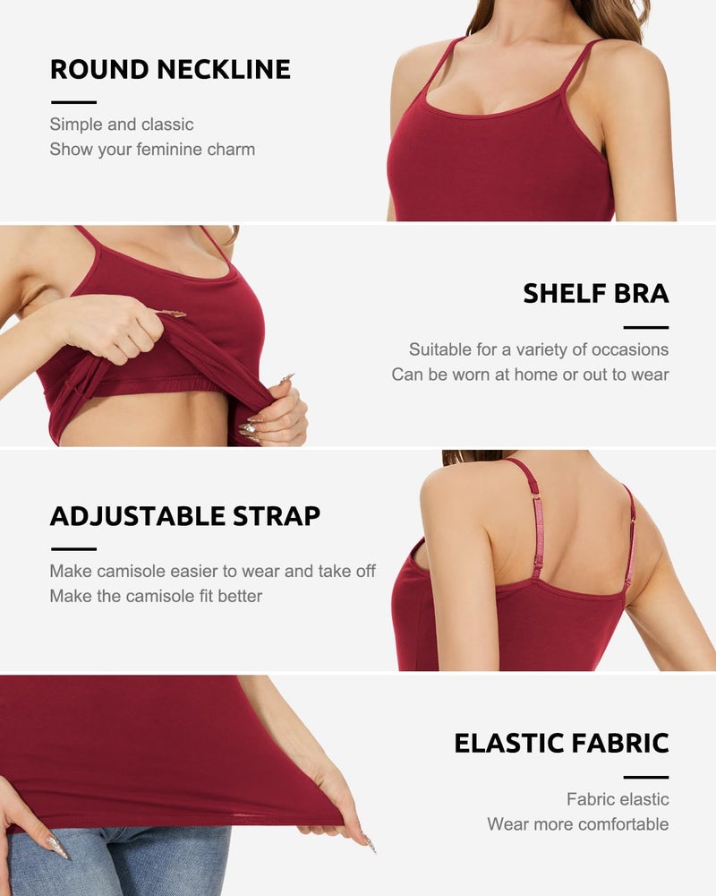 Vislivin Womens Cotton Camisole Adjustable Strap Tank Tops with Shelf Bra Stretch Undershirts 3 Pack Black/Gray/Wine Red XXL - Image 2